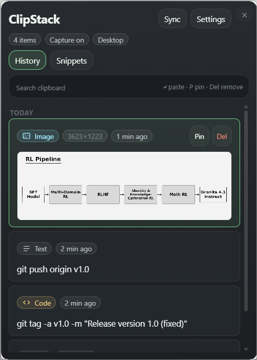 ClipStack history view with grouped clipboard items
