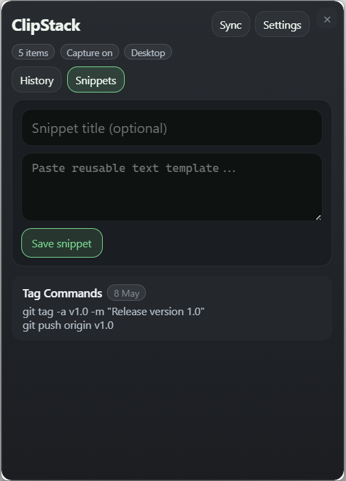 ClipStack snippets panel for saved reusable text
