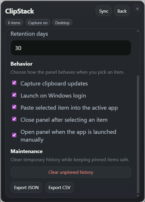 ClipStack settings panel with capture and maintenance controls