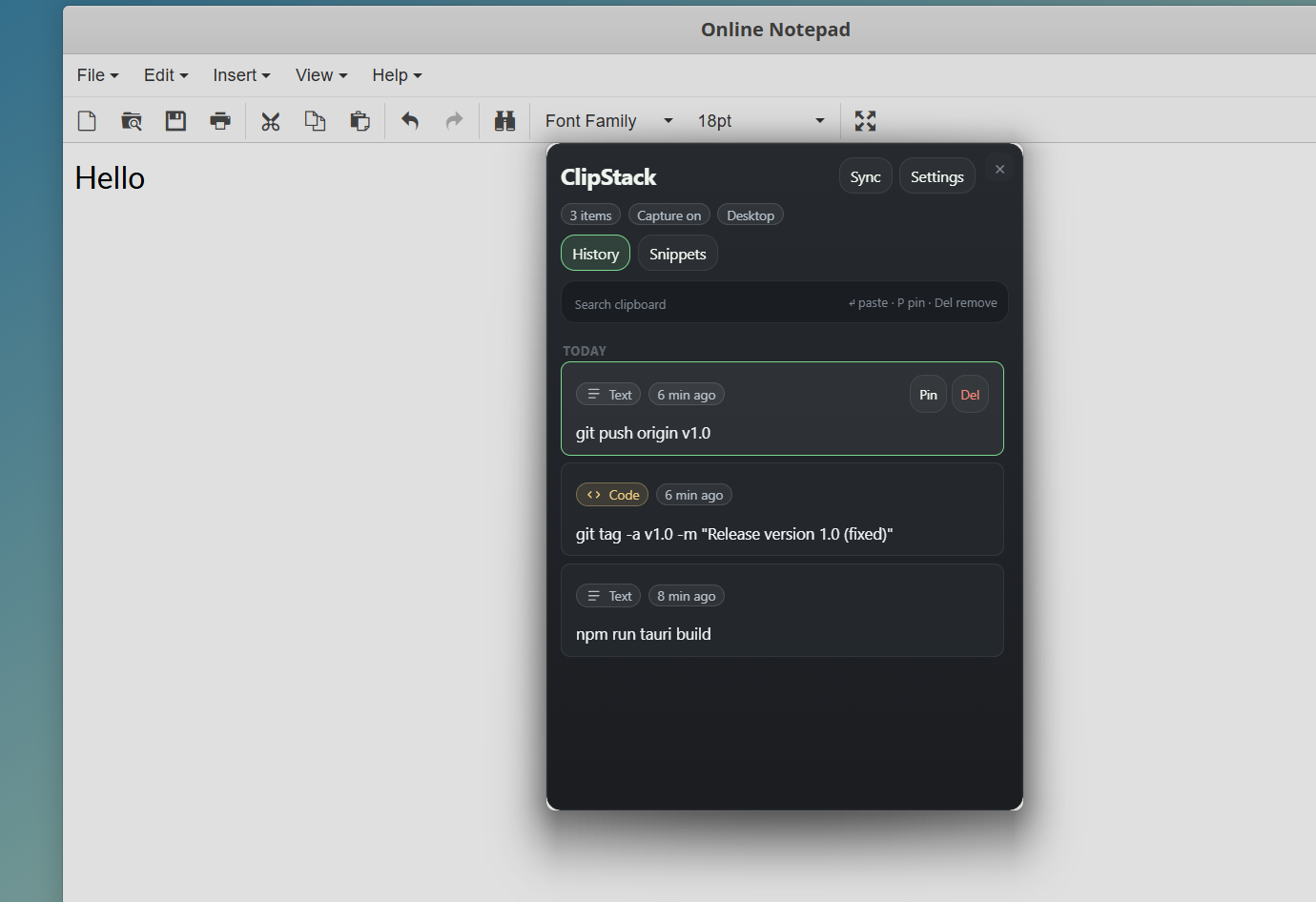 ClipStack overlay open over an online notepad window