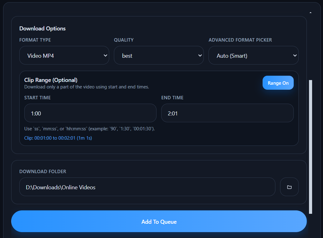 Clip range download settings with start and end timestamp inputs