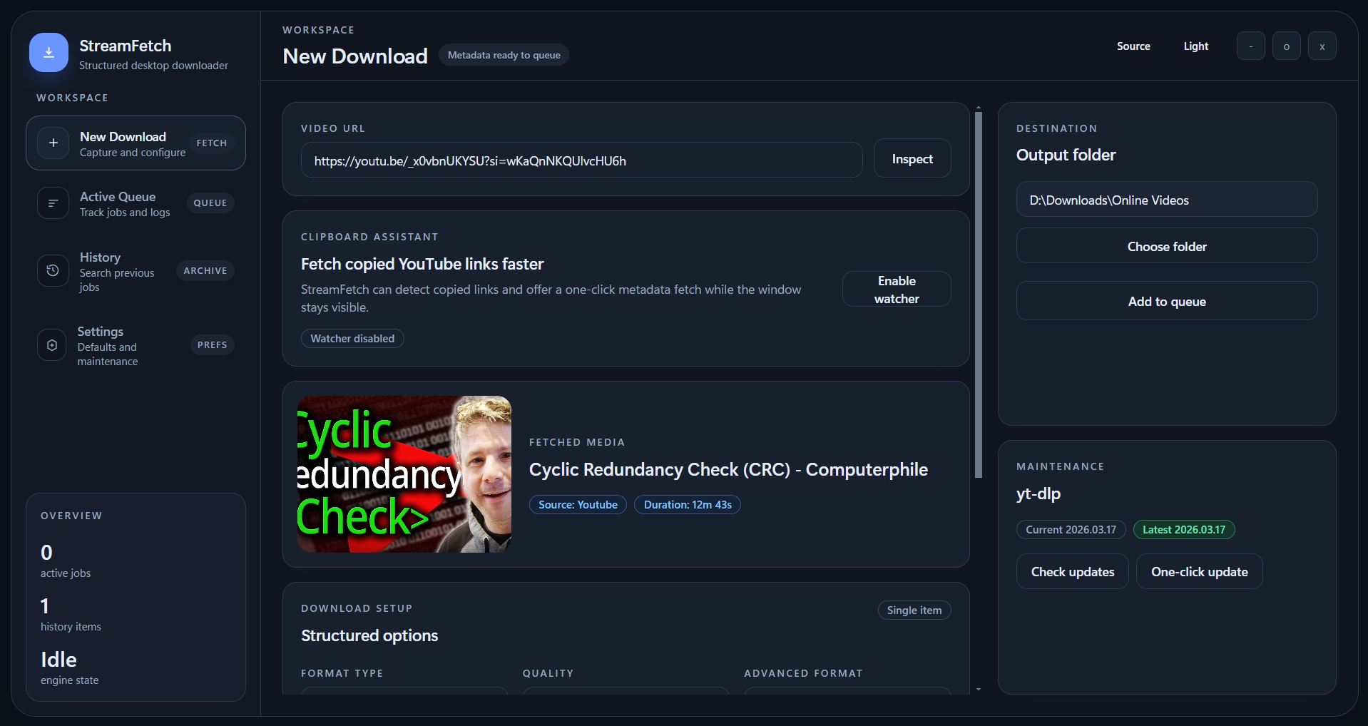 Main StreamFetch dashboard with paste link, fetch info, clip range, turbo download, queue action, and yt-dlp updater
