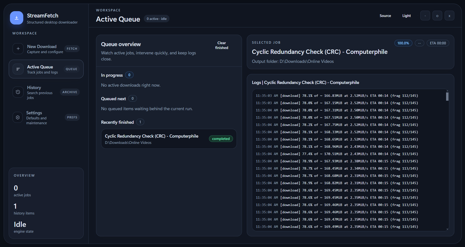 Active queue dashboard with download overview and logs
