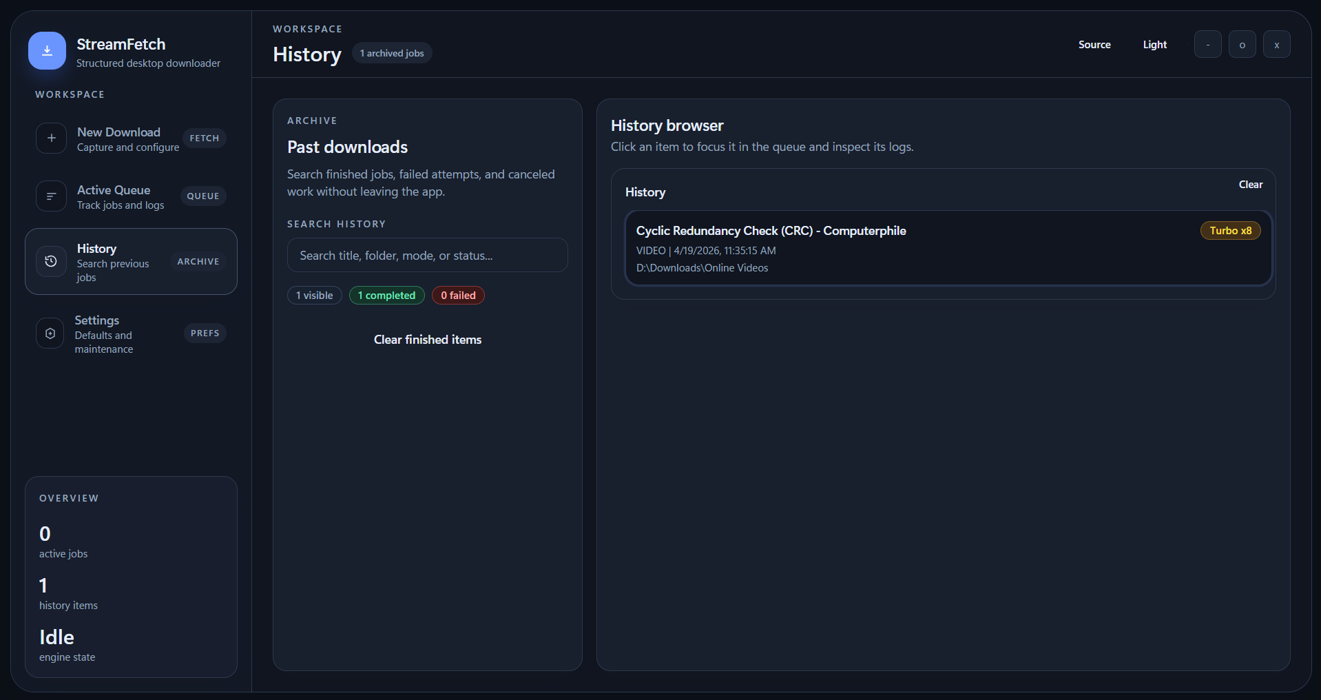 History dashboard with past downloads and archive list