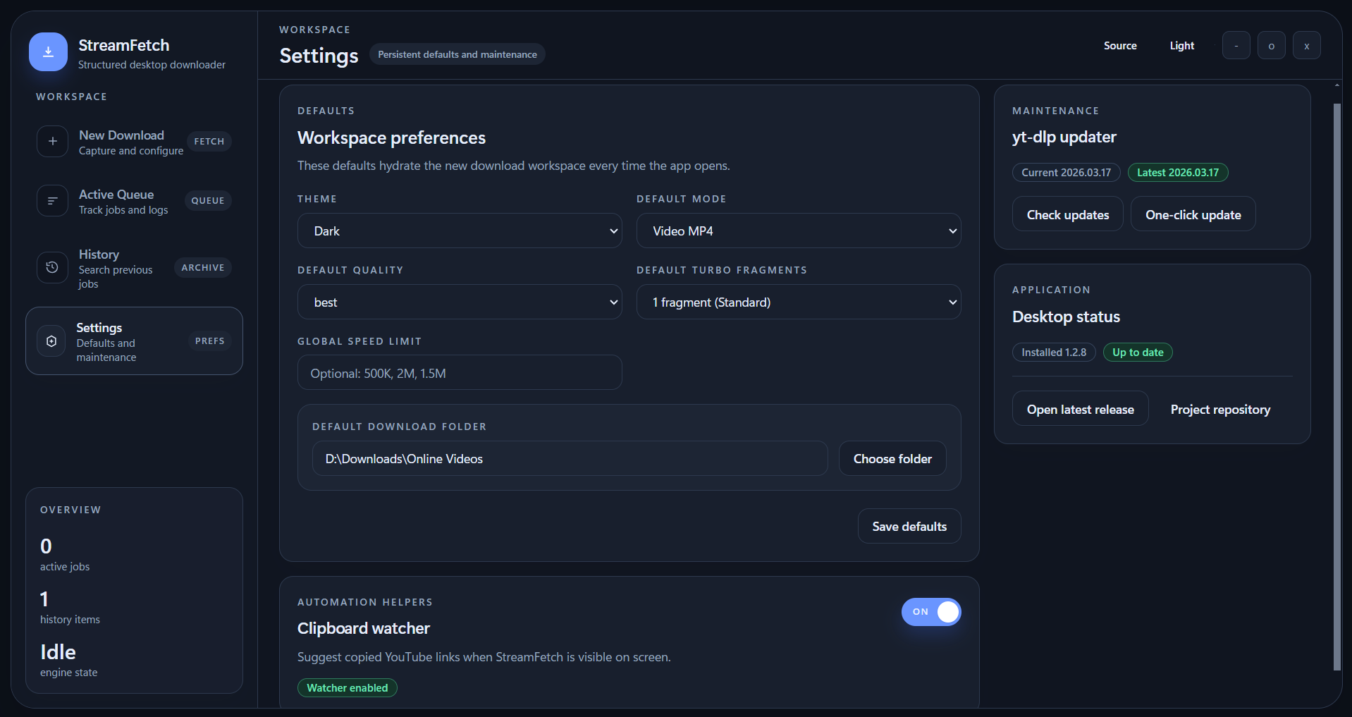 Settings dashboard with saved defaults and app updater options