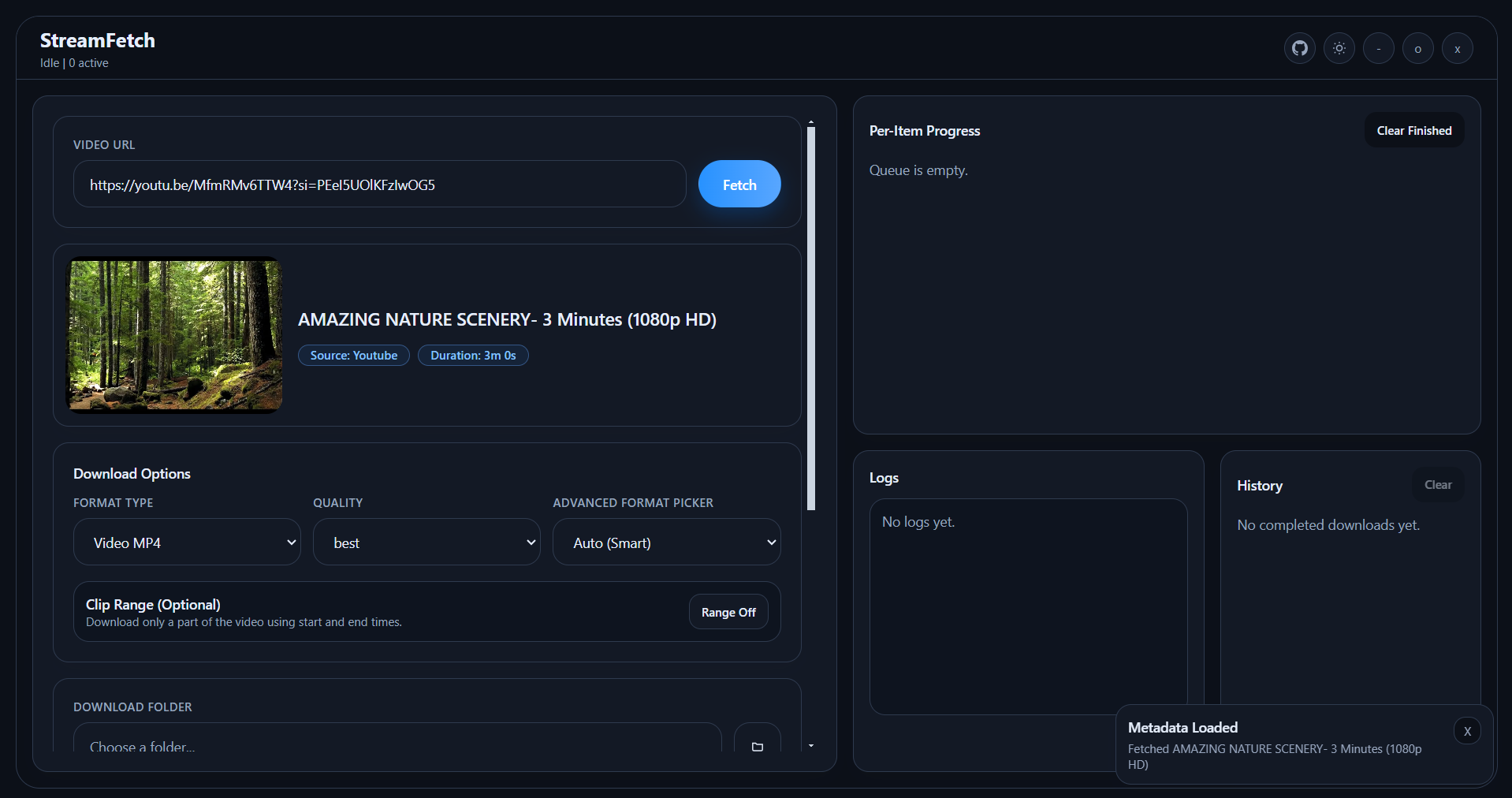 StreamFetch interface showing fetch controls, options, queue, and logs