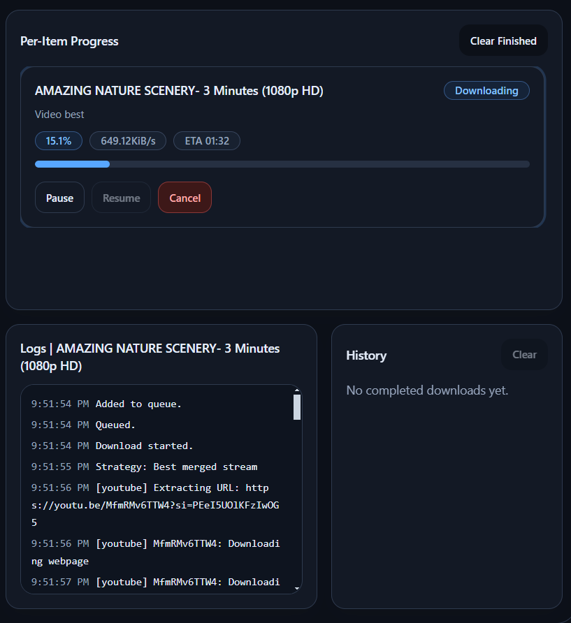 Per-item download cards with progress, speed, ETA, and status