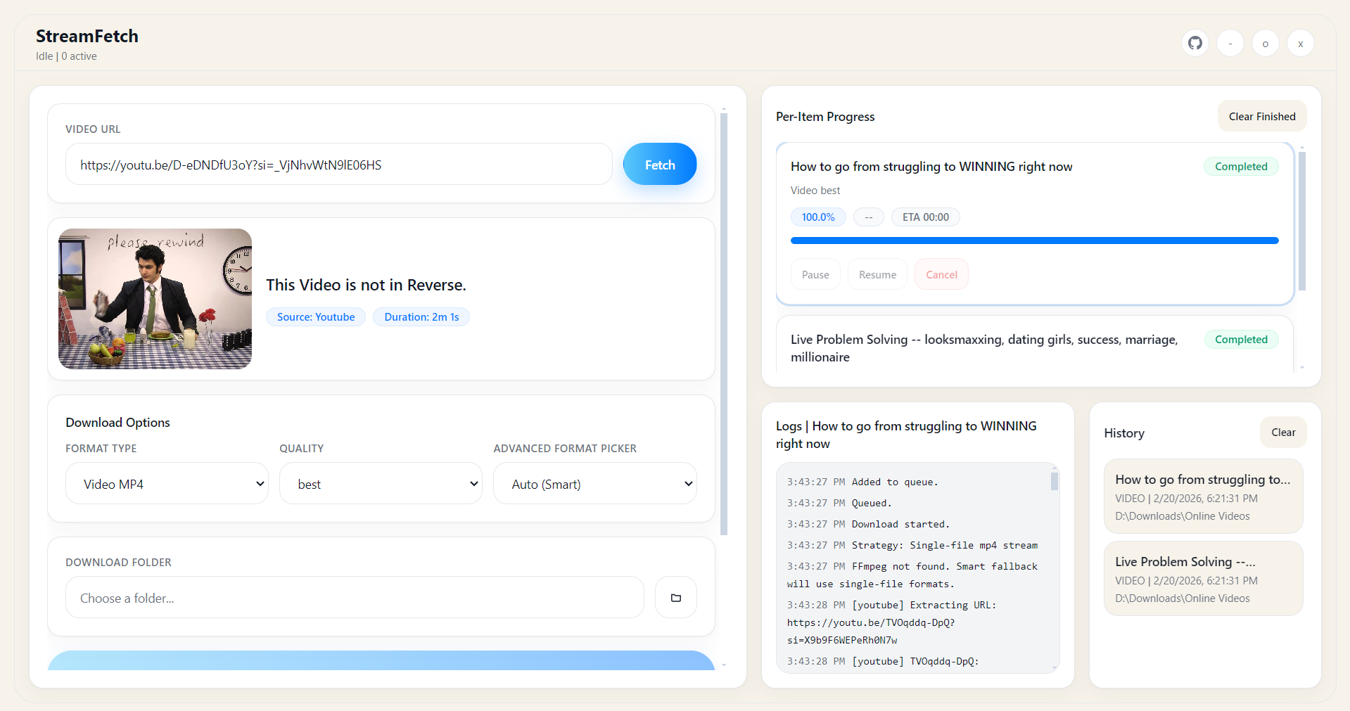 StreamFetch queue and history view with progress cards