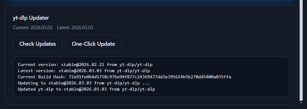 Built-in yt-dlp updater dialog inside StreamFetch